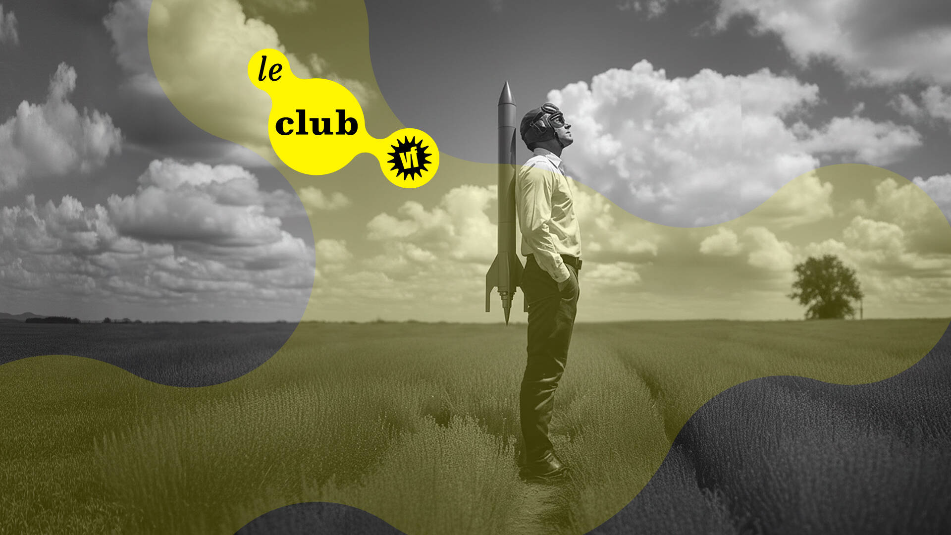 Man in een veld met rocket, omgeven door wolken; grafisch ontwerp met tekst "le club".
