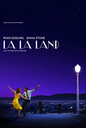 Illustratie van de film "La La Land" met Ryann Gosling en Emma Stone, dansend onder een sterrenhemel.