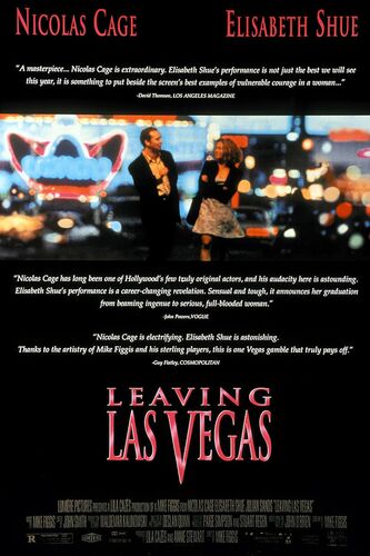 Filmposter van "Leaving Las Vegas" met Nicolas Cage en Elisabeth Shue, inclusief titel en acteursnamen.