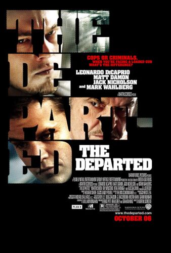 Filmposter van "The Departed" met close-ups van drie personages op een donkere achtergrond.