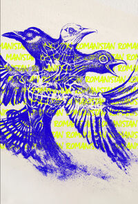 Illustratie van drie vogels met een abstracte kleurenstructuur, op een achtergrond met het woord "ROMANIAN".