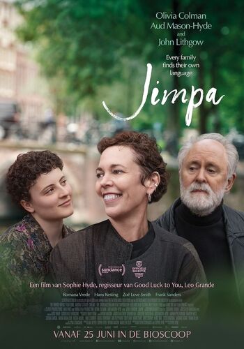 Film affiche voor "Jimpa" met drie acteurs in een scène. Titel en releasedatum zijn in groene tekst weergegeven.