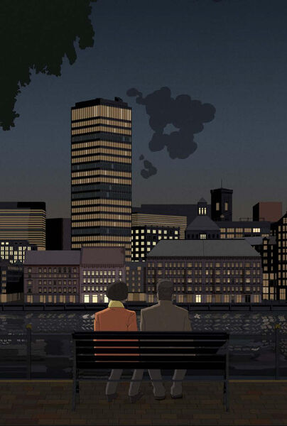 Twee mensen zitten op een bank en kijken naar een verlichte stad bij nacht.