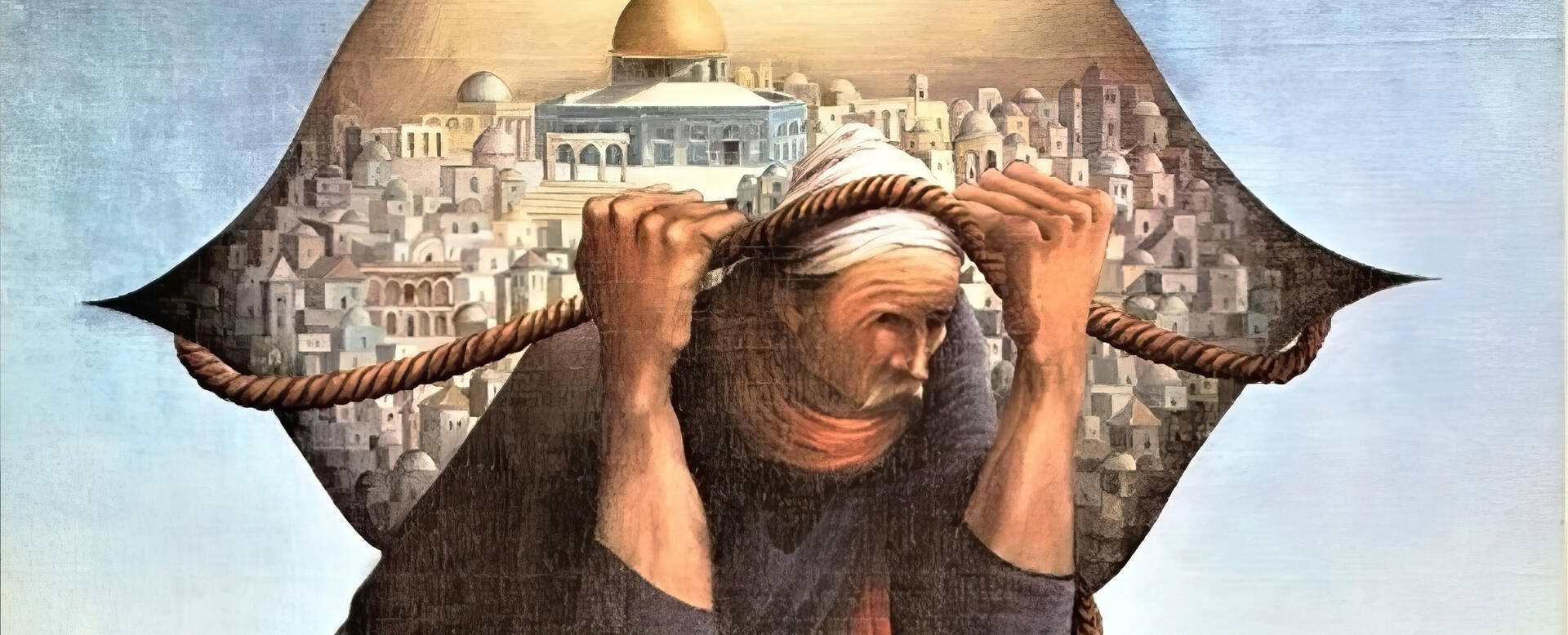 Een oude vrouw tilde een zware last met een stad op de achtergrond, symboliserend de zorg en verantwoordelijkheid.